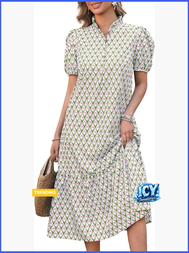 Summer Floral Maxi Dress V Neck Puff Sleeve Button Front With Pockets